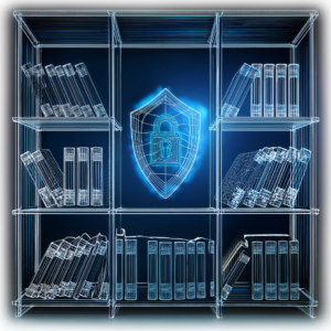 A digital wireframe bookshelf with neon-glowing books surrounding a shield emblazoned with a lock, symbolizing security.
