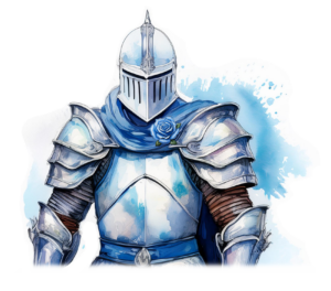 A water color painting of a knight wearing a blue cloak secured by a blue rose clasp.