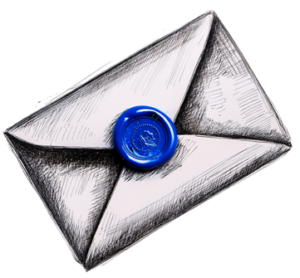 A charcoal sketch of a folded paper letter with a blue wax seal marking it as private.