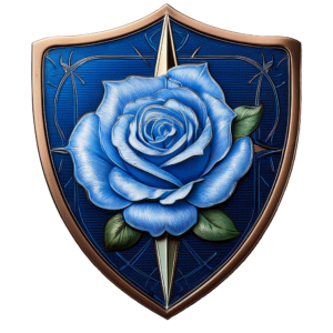 The Rose Guard Logo, a blue shield emblazoned with a golden compass hidden underneath a blue rose.