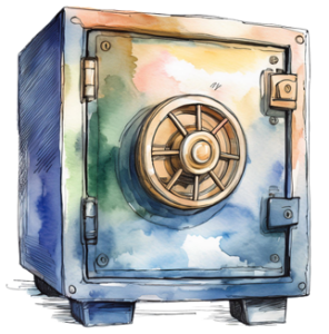 A water color painting of a cabinet sized safe used to store valuables.