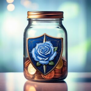 A tip jar with the Rose Guard logo on the outside.