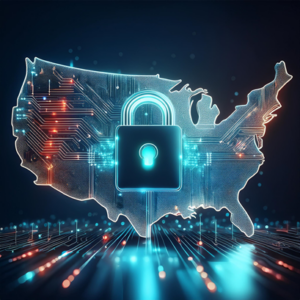 A digital representation of the United States with a secure padlock superimposed on it.