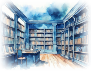A watercolor painting of a library